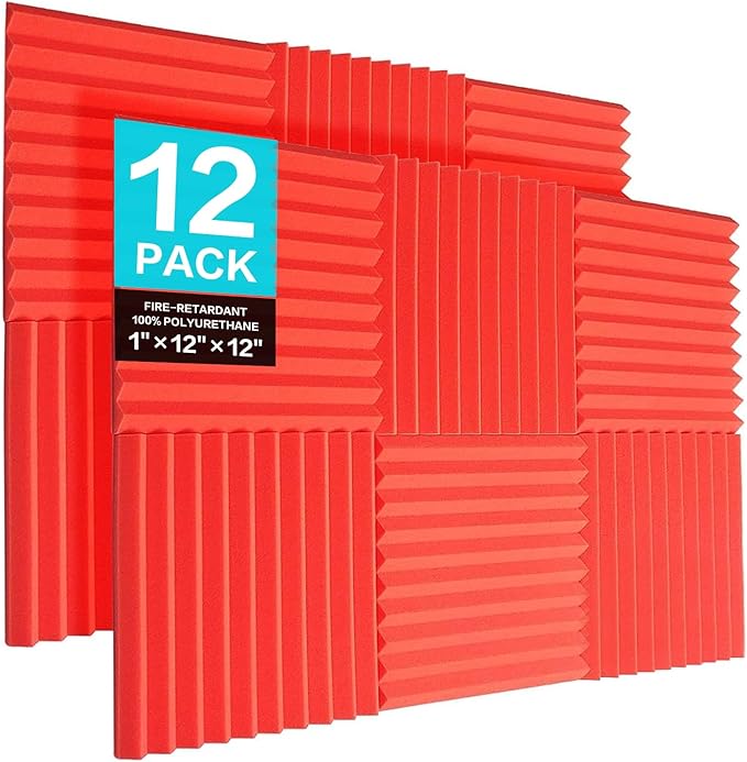 JBER 12 Pack Acoustic Foam Panels, 1" X 12" X 12" Studio Soundproof Wedge-Shaped Fireproof Soundproof Liner Acoustic Treatment Foam (red)