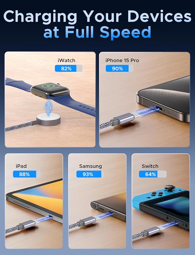 Short 8inch 3 in 2 USB C Cable for Apple Watch Charger iPhone Charger USB C Multi Fast Charging Cable Compatible with iWatch Ultra/SE/10/9/8/7/6/5/4/3/2/1 & iPhone 16/15/14/13/12/11/Galaxy S23