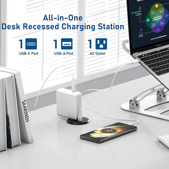 Desktop Power Grommet 2 inch Hole,PD 30W USB C Fast Charging Station,Ultra Thin Flat Plug Power Strip,Recessed Outlet,Slim Outlet Extender for Office,Table Outlets for Home,Office,6ft Cable
