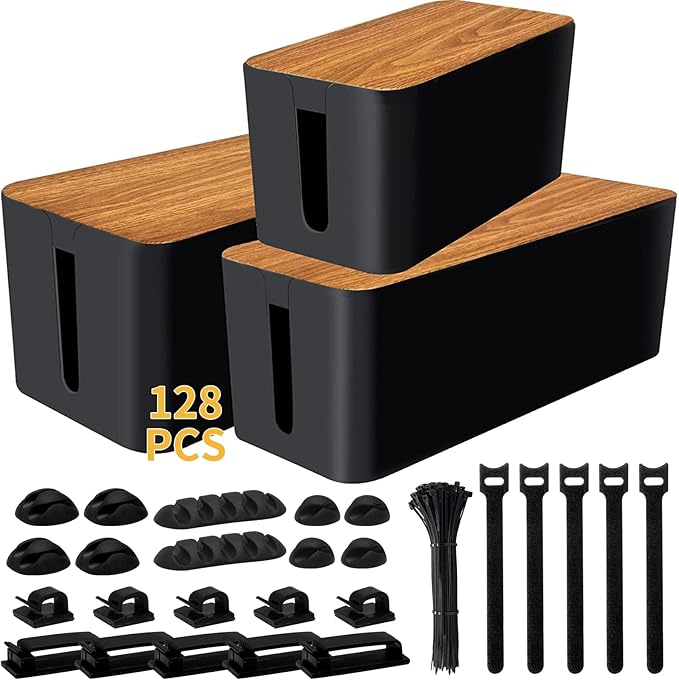 Cable Management Box 3 Pack with 125PCS Cable Management Kit for Power Strip to Hide Wires,Cord Organizer Boxes,Safe ABS Material Wire Organizer of Cable Clips Sleeve for Home & Office