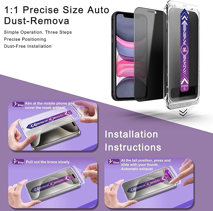 2 Pack Privacy Screen Protector for iPhone 11 / iPhone XR, 9H Tempered Glass, Full Coverage, Anti-Fingerprint, Auto Dust-Elimination, No Bubble,Easy Installation
