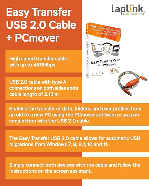 LAPLINK Easy Transfer Cable for Windows, Includes PCmover Express Software and USB 2.0 PC to PC Cable, Single Use License, Transfers Files, Settings, and User Profiles. Compatible with Windows 11