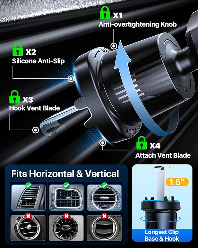 YRU Car Phone Holder [2025 Upgraded Metal Hook Clip], Phone Holders for Your Car [No Fear of Bumps] Air Vent Cellphone Mount Widely Compatible with iPhone16 15 14 13 12 Samsung Android, Black
