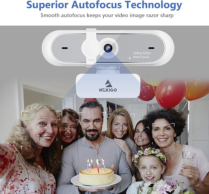 NexiGo N660P 1080P 60FPS Webcam with Software Control, Dual Microphone & Cover, Autofocus, HD USB Computer Web Camera, for OBS/Zoom/Skype/FaceTime/Teams/Twitch, White