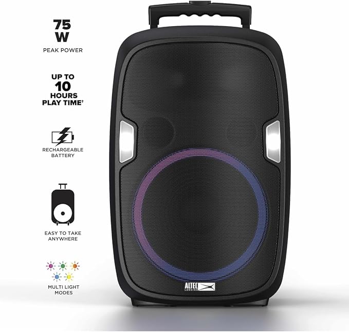 Altec Lansing SoundRover 75 Wireless Speaker 75W Bluetooth Speaker with a Long Lasting 10 Hour Battery, 50 Foot Range, Multi LED Party Modes, True Wireless Pairing, Bonus Microphone