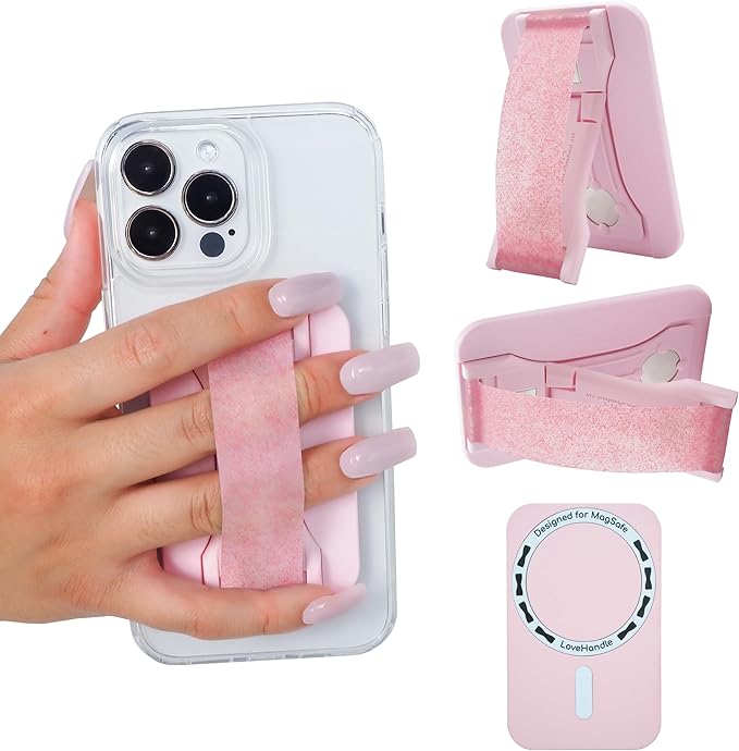 LoveHandle PRO MagSafe Compatible Magnetic Phone Grip w/Kickstand - Mount, Strap and Stand for Smartphone and Tablet - MagSafe Ring Included - Fits All Devices - Pink Diamond Glitter