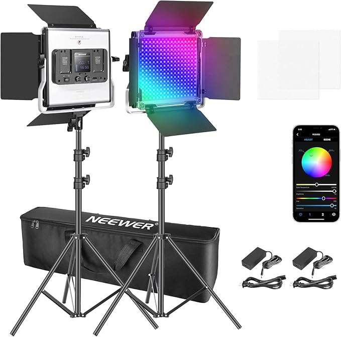 NEEWER 2 Packs 480 RGB Led Light with APP Control, Photography Video Lighting Kit with Stands and Bag, 480 SMD LEDs CRI95/3200K-5600K/Brightness 0-100%/0-360 Adjustable Colors/9 Applicable Scenes