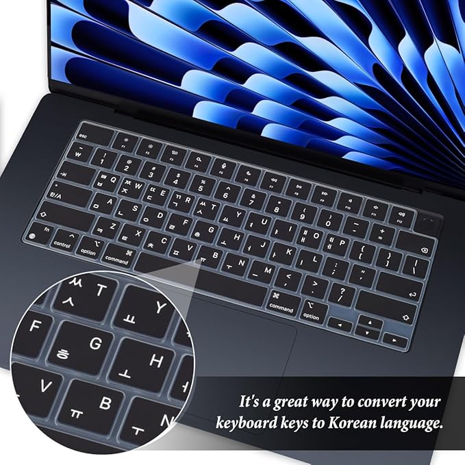 Korean Keyboard Cover for Apple 2025 2024 2023 MacBook Air Laptop with M4 M3 M2 chip 15.3-inch A3241 A3114 A2941,MacBook Air 13.6 inch A3240 A3113 A2681 Skin Protector-Black