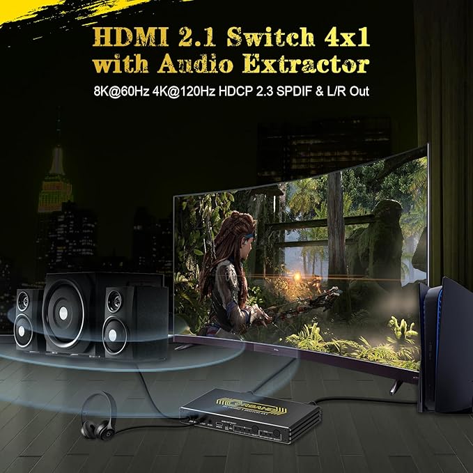 4K@120Hz HDMI 2.1 Switch 4 in 1 Out with Audio Extractor,48Gbps,HDCP 2.3,HDR 10+,ARC,VRR,ALLM,CEC,IR Remote,Optical SPDIF 5.1Ch,AUX L/R 3.5mm 2.1Ch,HDMI Switcher 4x1,4 Port HDMI Selector