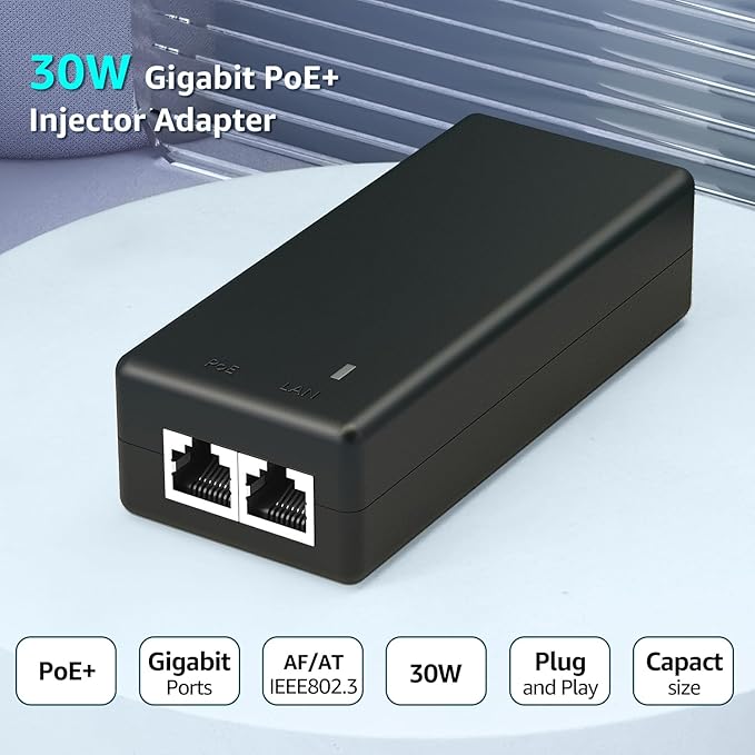 YuanLey Gigabit PoE Injector Adapter 30W, Converts Non-PoE to PoE Gigabit, Power Over Ethernet Injector 48V IEEE 802.3af/at, 10/100/1000Mbps PoE+ Injector Adapter Plug & Play, Distances Up to 325 Feet