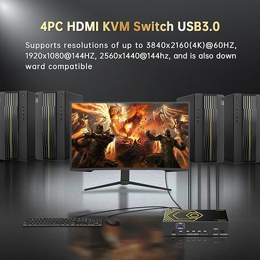 4K@60Hz HDMI KVM Switch USB3.0 4 Computers 1 Monitors HDMI 4 Port KVM Switches for 4 PC Share 1 Monitor and 4 USB 3.0 Devices SPDIF L/R Mic Audio with IR Remote Control and 4xUSB 3.0 Cables