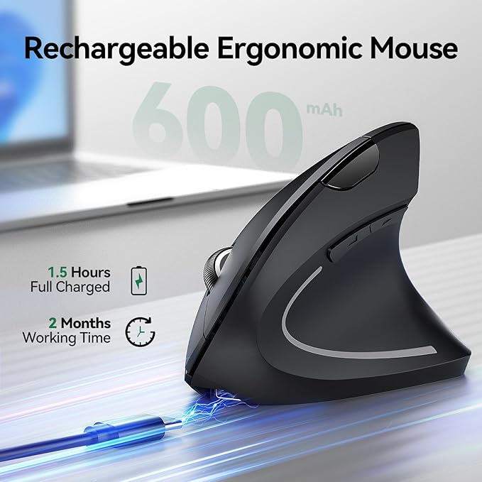 TECKNET Ergonomic Mouse, Rechargeable Vertical Ergo Mouse Wireless 800-4800 Levels 5 Adjustable DPI, Silent 2.4GHz Optical Carpal Tunnel Mouse for Right Hand, USB Wireless Mice for Laptop, PC