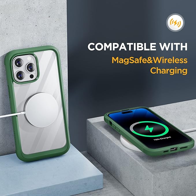Miracase Glass Series for iPhone 14 Pro Case 6.1 Inch, Full-Body Clear Bumper Case with Built-in 9H Tempered Glass Screen Protector, with Camera Lens Protector, Acacia Green