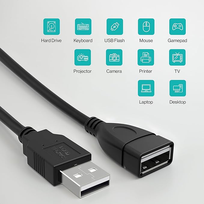 3FT Male to Female Extension Cable USB A Male to USB A Female Data Transfer and Charging Adapter for Keyboard, Mouse, Printer, USB Flash Drive for Multiple Devices, Black