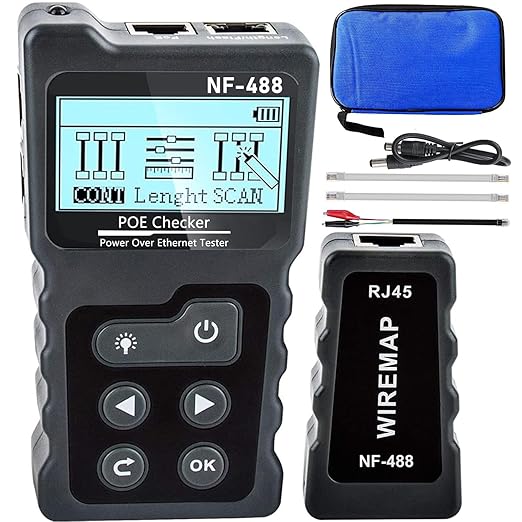 NF-488 Network Cable Testers RJ45 Continuity Checking CAT5 CAT6 LAN Ethernet Cables POE Ethernet Power Tester DC Power & Switch Loop-Back Test POE Detector Network Tool