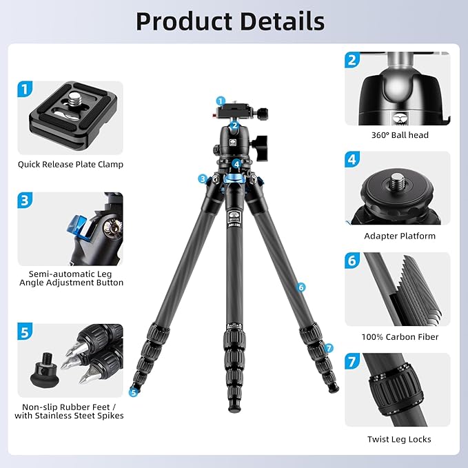 SIRUI Carbon Fiber Travel Tripod - Lightweight Only 0.93kg，Compact Tripod with 360° Panorama Ball Head Quick Release Plate, Max Height 50.2", Max Load 6kg for Camera, DSLR