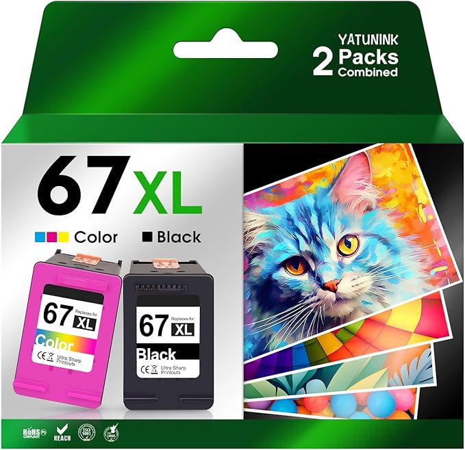 67XL 67 Ink Cartridges Black/Color Combo Pack Replacement for HP Ink 67 XL Work for DeskJet 2755e 2855e 4155e 2700 2800e 4255e 2855e 4100e Envy 6055e 6000 6555e 6455e (Black, Tri-Color)