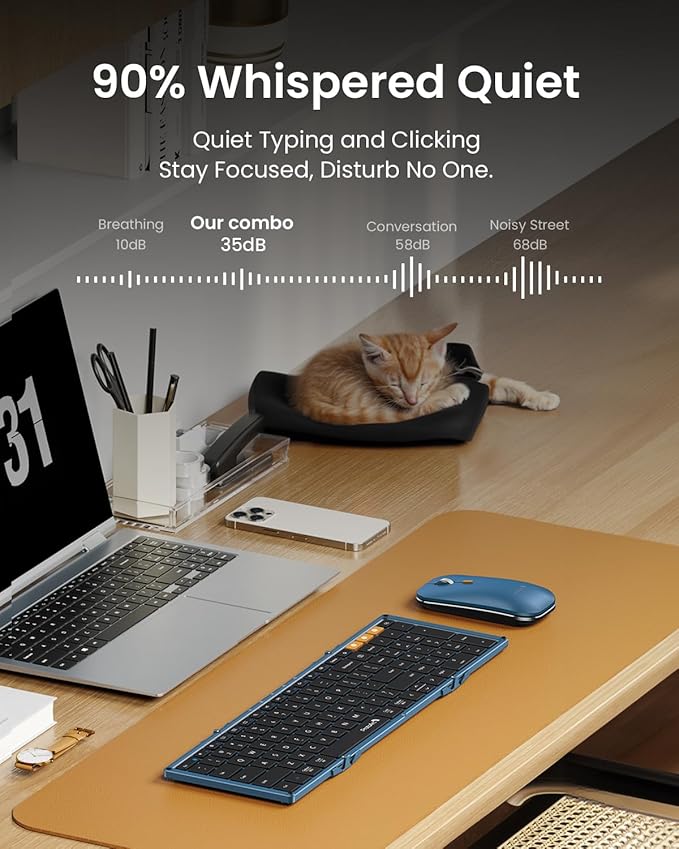 ProtoArc Foldable Keyboard and Mouse, XKM01 True Full-Size Folding Wireless Keyboard Mouse Combo for Business Travel, a Portable Office Suite On-The-Go, Compatible with Laptop iPad Tablet - Blue