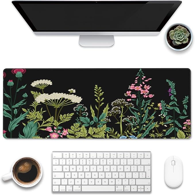 Large Gaming Mouse Pad for Desk,Wildflowers Night Desk Mat,Wild Floral Flower Desk Pad,Extended Big Computer Keyboard Mouse Pad with Non-Slip Base and Stitched Edge,31.5"x11.8"