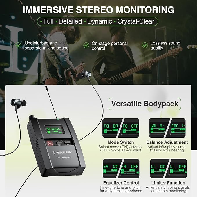 Phenyx Pro Wireless in-Ear Monitor System, Stereo IEM System with Rack Mount Kit, 89 Frequencies, 900MHz UHF Band, 164ft Range, Suitable for Stage & Studio (4 Bodypacks with Transmitter)