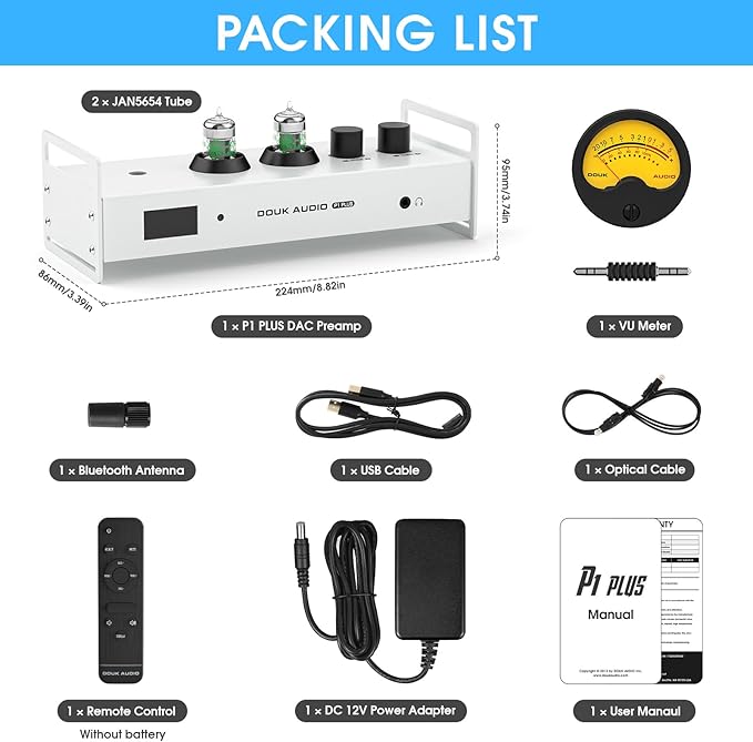 Douk Audio 2 Channel Bluetooth Vacuum Tube Preamp, Hi-Fi Headphone Amp, USB DAC PC Sound Card, Wireless Receiver Audio Preamplifier with VU Meter, Optical, Coaxial, APTX, LDAC, DSD256, Remote Control