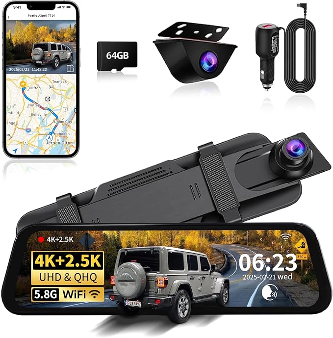 Mirror Dual Dash Camera with Voice Control,4K+2.5K 10" Rear View Mirror Camera with 5.8GHz WiFi and APP Control, WDR Night Vision, Loop Recording, G-Sensor, Parking Monitor 64GB Card Included