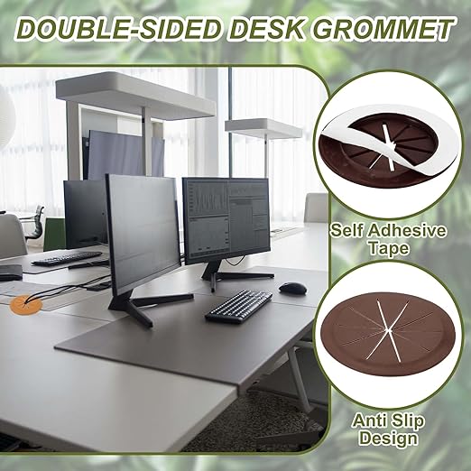 PATIKIL Desk Grommet 3-3/16", 4 Pcs Round Cable Grommet Cord Hole Cover with Adhesive Tape Flexible Table Wire Organizer for Office Home Table Countertop, Deep Brown