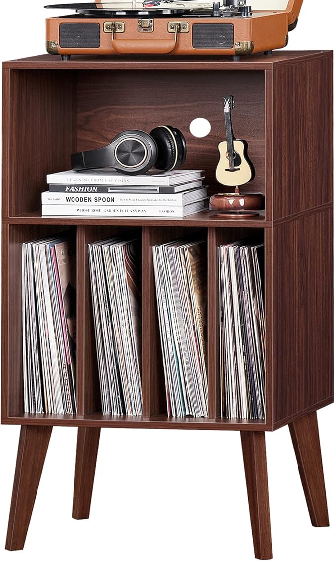 Lerliuo Record Player Stand, Walnut Turntable Stand Holds up to 160 Albums, Mid-Century Vinyl Storage Cabinet Table with Solid Wood Legs, Record Player Holder Dispaly Shelf for Bedroom Living Room