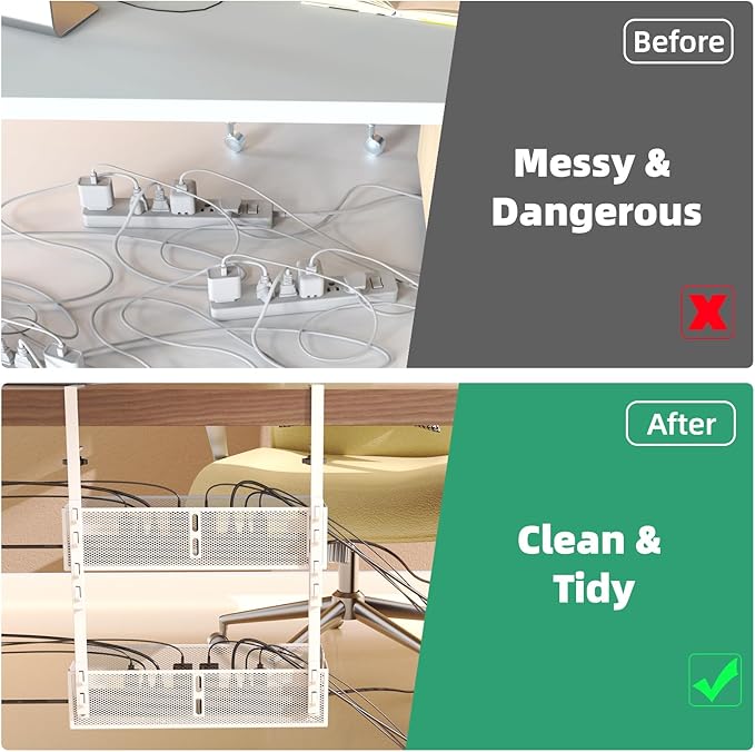 Multi-Model Under Desk Cable Management Tray 2 Packs Metal Under Desk Wire Management Clamp Mount Under Table Cord Management No Damage The Desk (White)