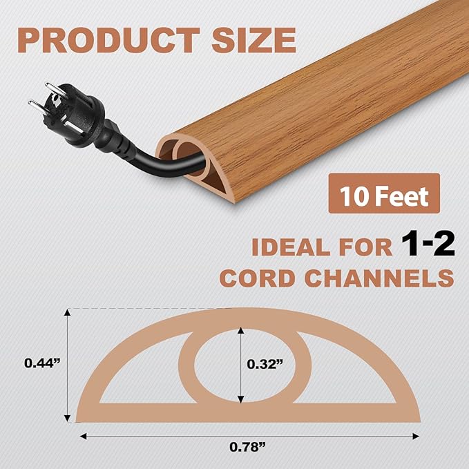 Floor Cord Cover for Wires on Floor Self Adhesive Cord Hider Floor Cable Management Wire Covers for Cords Protector Prevent Cable Trips Cord Cavity W 0.32" x H 0.32", Brown Wood, 10Ft