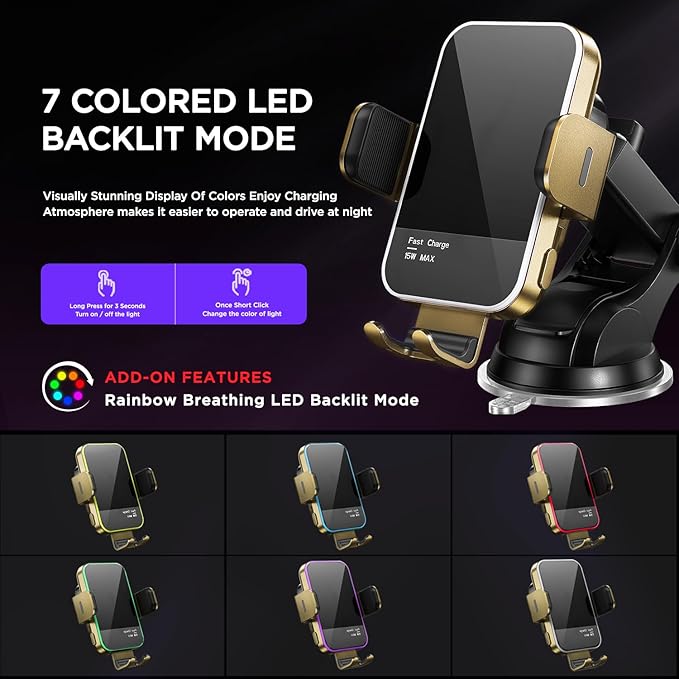 Wireless Car Charger,【7 Colored RGB Backlit】 15W Auto Clamping Phone Holders for Your Car for iPhone 16 15 14 13 12 Mini Pro Max 11 XR XS X, Samsung Galaxy S24 Ultra S23 S22 S21+ Note 20, etc - Gold