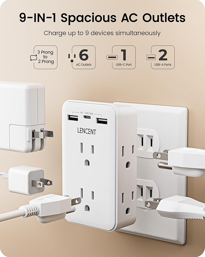 LENCENT 2 to 3 Prong Outlet Adapter, 2 Prong Power Strip with 6 AC Sockets 3 USB Ports(1 USB C), 3-Sided Wall Plug Splitter, 1875W Max, Compact Adapter for Non-Grounded Outlets in Old Houses