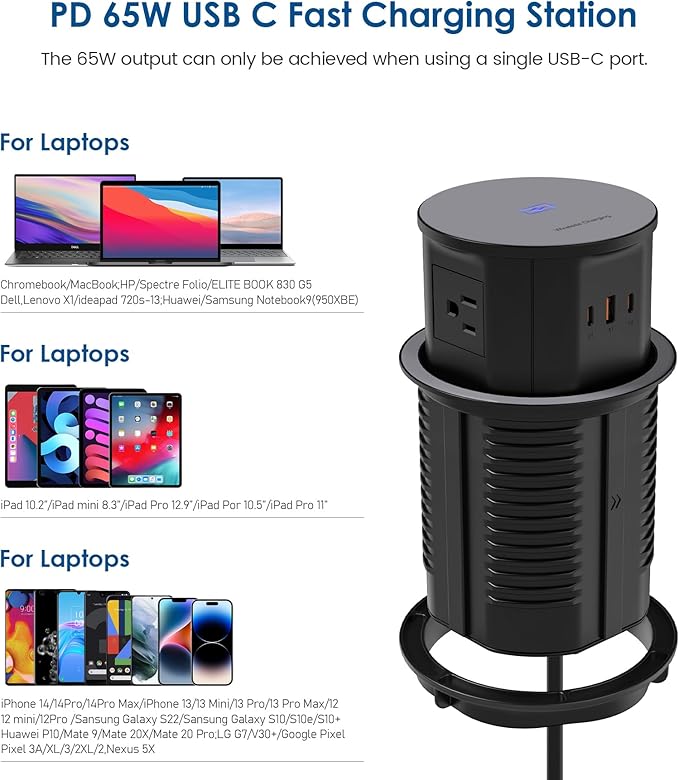 Pop up Outlet for Countertop with 15W Wireless Charger,65W USB C Charging Station,4 Outlets,2 USB C,USB A,Tamper Resistant Receptacle,4.7'' Hole Power Grommet,Office Power Supply,Black