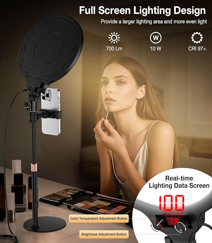 MoKo Desk Ring Light with Stand and Phone Holder, 10" Full-Screen LED Ring Light for Desk, Dimmable Zoom Lighting for Computer, Desk Light for Video Calls,Video Recording,Live Streaming,TikTok,Makeup