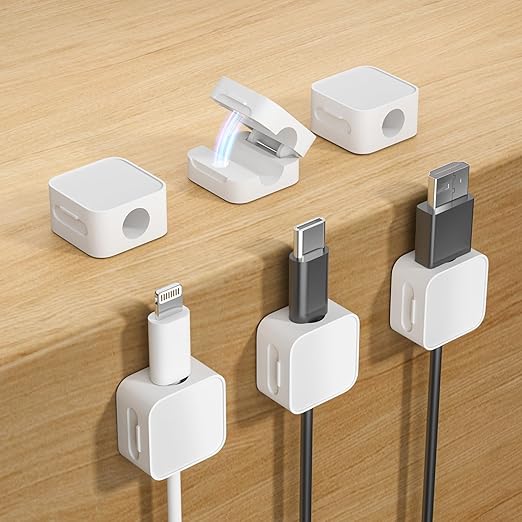 6 White Magnetic Cable Clips,Under Desk Cable Management,Cord Holder for Nightstand Home Office Car Phone Wall,2025 Adhesive Cord Organizer[0.45" in Ht Save Space/Versatile for Wire Up to 0.27" OD]