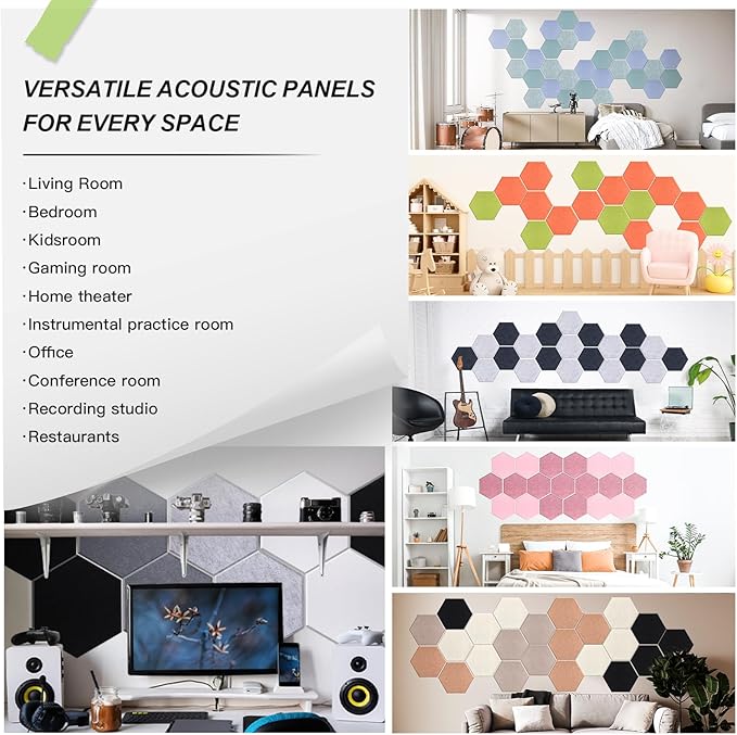 Mollywell Hexagon Acoustic Panels, High Density, Soundproofing, Decorative Noise Reduction Felt Wall Tiles for Ceilings, Home Office & Gaming Room (Ink Blue), 14x12x0.4 Inch