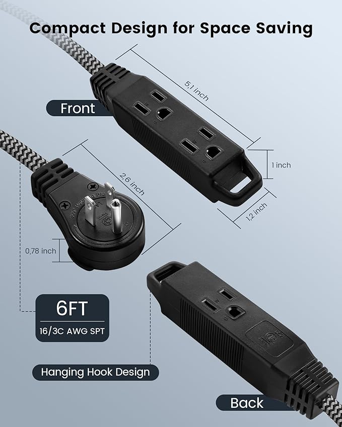 SURAIELEC 6FT Flat Extension Cord with 360° Rotating Plug, Braided Flat Plug with 3 Outlets, 16 AWG Thin Black Extension Cord for Indoor Use, Home, Office, Compact Spaces, ETL Listed