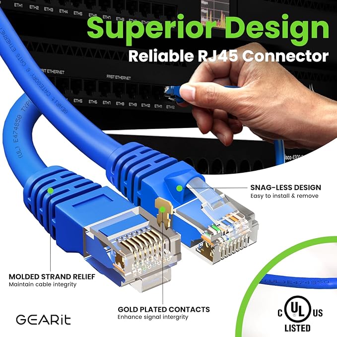 GEARit Cat 6 Ethernet Cable (1-Pack 150 Feet) Cat6 Network Patch, 10Gbps, RJ45, Snagless Cord, Gold-Plated Connectors, Internet for PC, TV, Tablet, Router, Printer, Servers, IT Data Center - Blue
