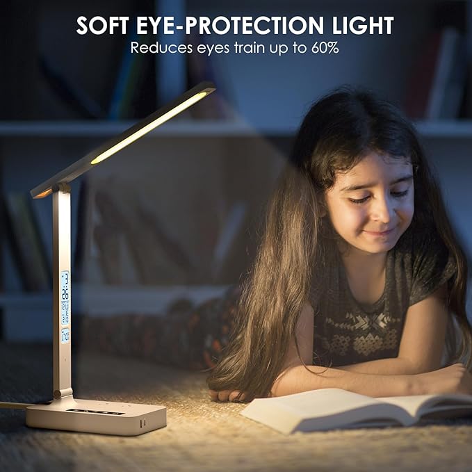 Infiway Desk Lamp with USB Charging Port: LED Desk Lamps for Home Office - 1 Type-C, 1 USB-A Charging Port, 2 AC Power Outlets - Touch Control Dimmable 5 Color 5 Brightness