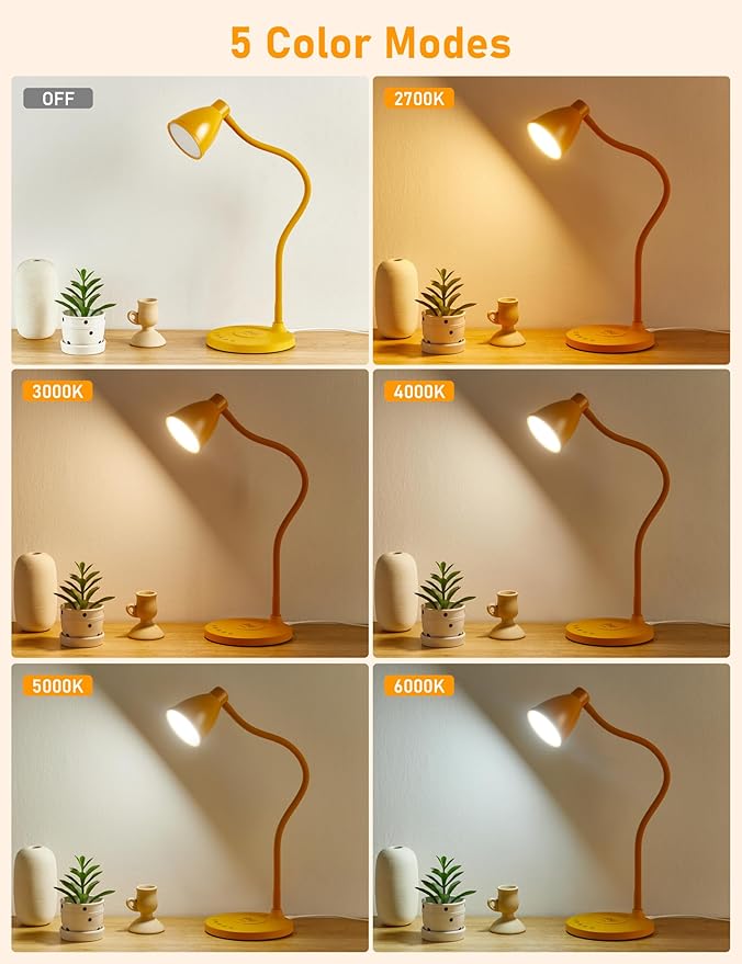BOHON LED Desk Lamp with USB C+A Charging Ports Wireless Charger, 5 Colors Stepless Dimming Touch Reading Light, Flexible Gooseneck Lamp for Home Office Bedside Table College Dorm Room, Bright Yellow