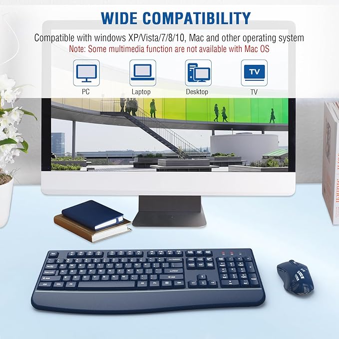 Wireless Keyboard and Mouse Combo, EDJO 2.4G Full-Sized Ergonomic Computer Keyboard with Wrist Rest and 3 Level DPI Adjustable Wireless Mouse for Windows, Mac OS Desktop/Laptop/PC(Galaxy Blue)