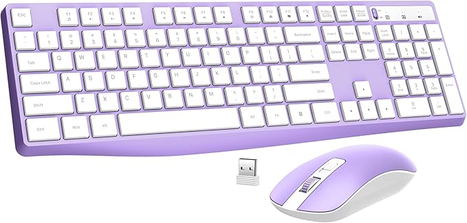 Wireless Keyboard and Mouse Combo, Lovaky 2.4G Full-Sized Ergonomic Keyboard Mouse, 3 DPI Adjustable Cordless USB Keyboard and Mouse, Quiet Click for Computer/Laptop/Windows/Mac (1 Pack, Purple)