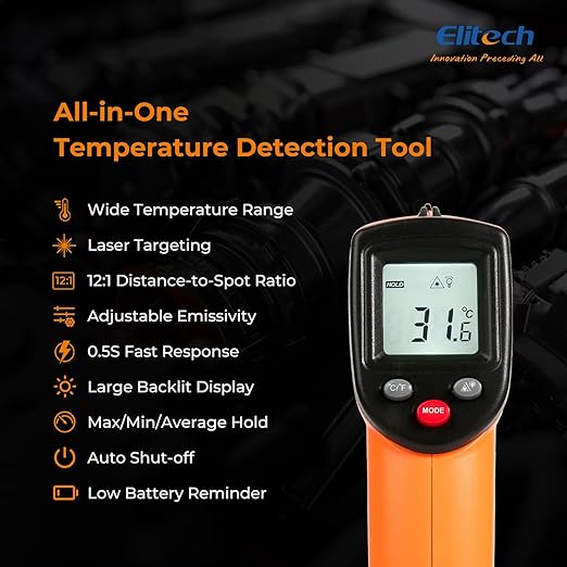 Elitech 2Pack Laser Temperature Gun, Non-Contact Digital Infrared Thermometer, Adjustable Emissivity, Backlight, Handheld for Grill, Meat, Candy, Automotive, HVAC Tools, -50~530°C(-58~986°F), DIT-220