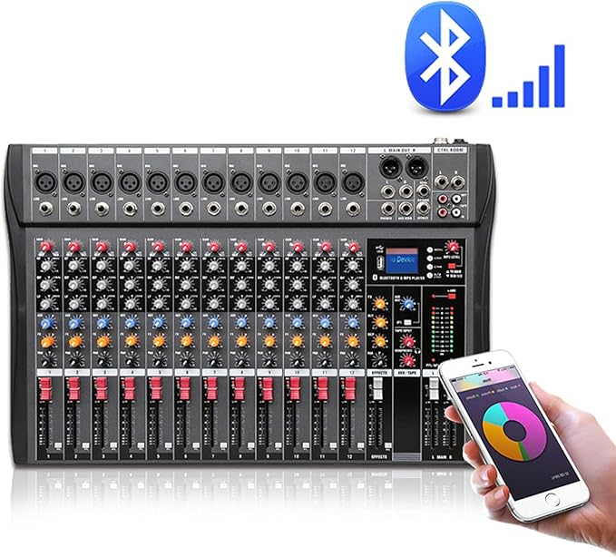 Pro 12 Channels Live Audio Mixer Bluetooth USB DJ Sound Mixing Console with 3 Stage Equalization Regulate 6 Modes Of Music for Family Ktv,Campus Speech,Meeting