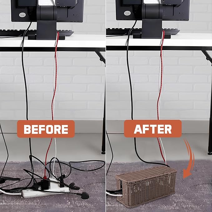 Cable Management Box, Handmade Rattan Cable Organizer, 2 Open Slots Cords Hider Box, Under Desk Cord Organizer for Computer Router USB Hub & Power Strip, Patent Pending, 13" x 5.1" x 5.1", Brown