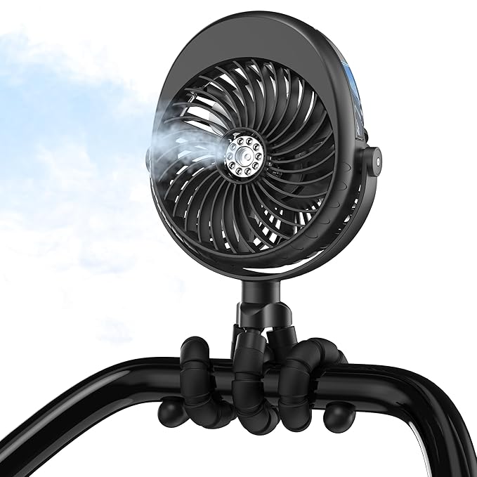 2025 Upgarded 4000mAh Misting Baby Stroller Fan, Rechargeable Battery Operated,Max 15Hrs Cooling,50ml Portable Water Sprayer Misting Fan with Flexible Tripod Clip on Car Seat Crib Treadmill Bunk Bed
