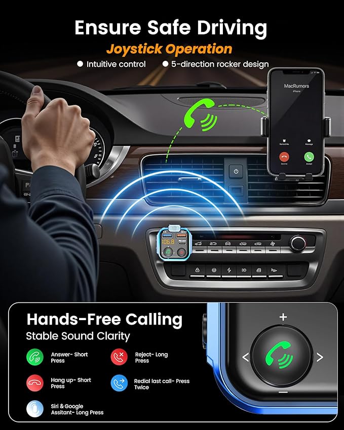 LENCENT FM Transmitter in-Car Adapter, Type-C PD 20W+ QC3.0 Fast USB Charger, Wireless Bluetooth 5.3 Radio Car Kit, Hands-Free Calling, MP3 Player Receiver Hi Fi Bass, Support U Disk