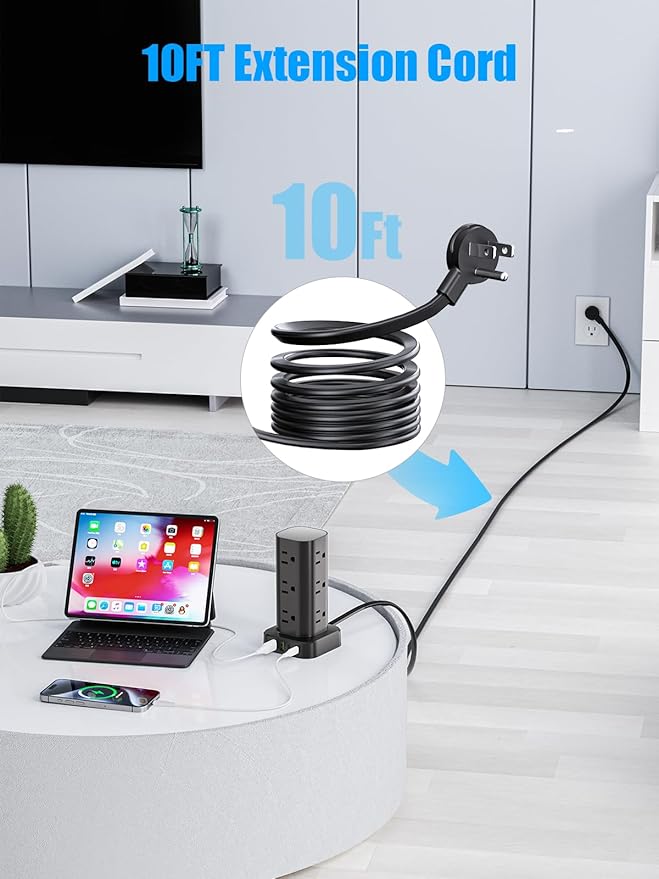 Tower Power Strip with 15W Wireless Charger, 10FT Flat Plug Extension Cord with Multiple Outlets, 12 AC Outlets, 4 USB Ports (2 USB C) Charging Station Surge Protector for Office Home Dorm Room(Black)