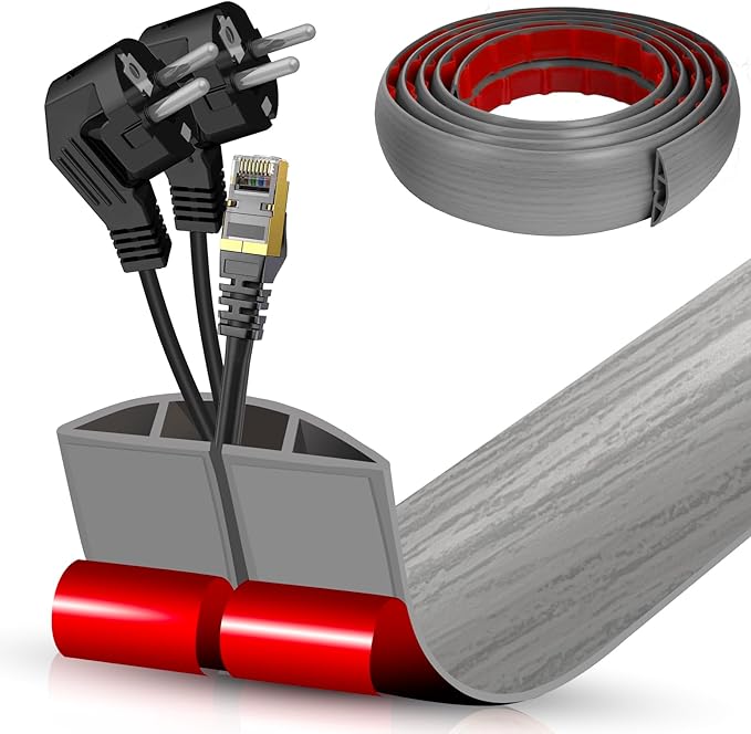 Floor Cord Cover Cavity 0.8"x0.37" Self Adhesive Cord Hider, 10FT Low Profile Cable Management, Extension Strip Protector for Wires, Prevent Cable Trips for Offices, Gyms, Exhibitions (Gray Wood)