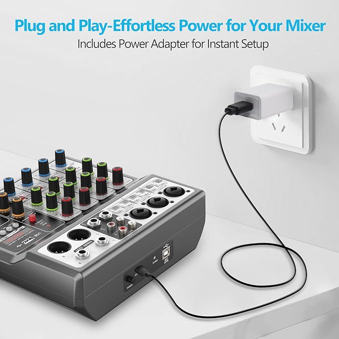 Aveek Professional Audio Mixer, Sound Board Mixing Console with 5 Channel Digital USB Bluetooth Echo Delay Effect, Input 48V Phantom Power Stereo DJ Mixers for Recording, Live Streaming, Podcasting